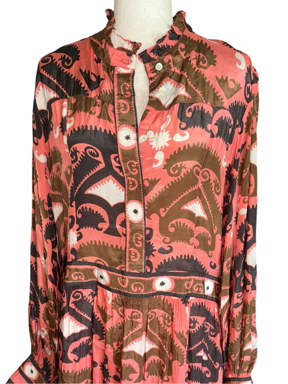 Oliphant Uzbek Coral Printed Shirt Waist Maxi Dress - L - Picture 4 of 11